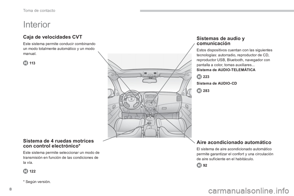 PEUGEOT 4008 2012 Manual del propietario (in Spanish) 8
To m a d e c o n t a c t o
Interior
Sistema de 4 ruedas motricescon control electrónico *
Este sistema permite seleccionar un modo de
transmisión en función de las condiciones de
la vía. PEUGEOT 4008 2012 Manual del propietario (in Spanish) 8
To m a d e c o n t a c t o
Interior
Sistema de 4 ruedas motricescon control electrónico *
Este sistema permite seleccionar un modo de
transmisión en función de las condiciones de
la vía.