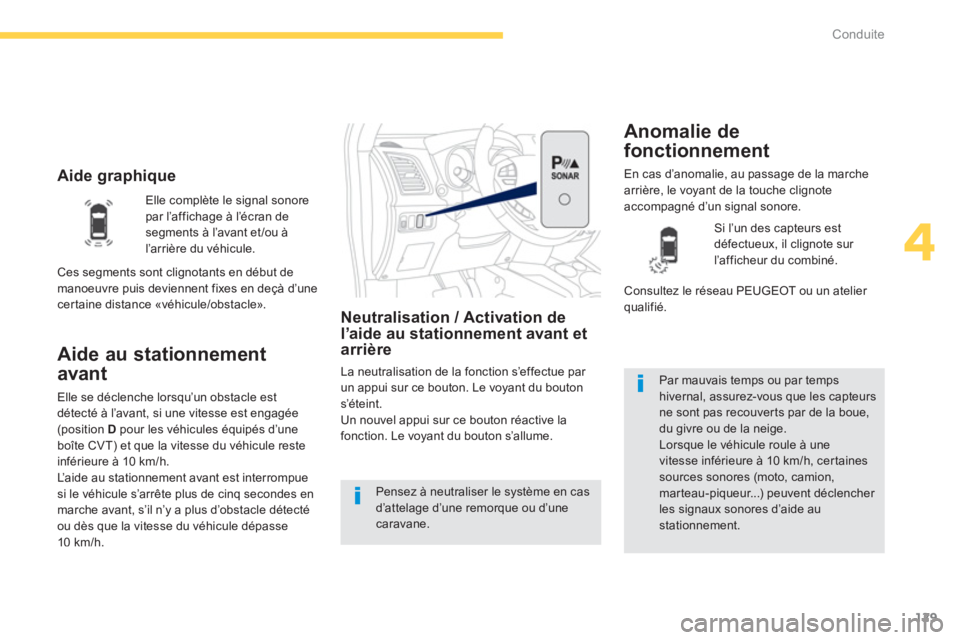 PEUGEOT 4008 2012 Manuel du propriétaire (in French) 129
4
Conduite
Aide graphique
Aide au stationnement
avant
Neutralisation / Activation del’aide au stationnement avant etarrière
La neutralisation de la fonction s’effectue par un appui s PEUGEOT 4008 2012 Manuel du propriétaire (in French) 129
4
Conduite
Aide graphique
Aide au stationnement
avant
Neutralisation / Activation del’aide au stationnement avant etarrière
La neutralisation de la fonction s’effectue par un appui s