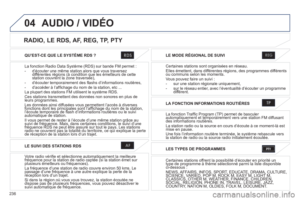 PEUGEOT 4008 2012  Manuel du propriétaire (in French) 236
04
QU’EST-CE QUE LE SYSTÈME RDS ?  
La 
fonction Radio Data Système (RDS) sur bande FM permet :-   d’écouter une même station alors que vous traversez différentes régions (à condition q