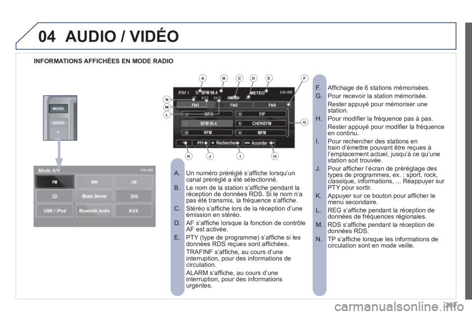 PEUGEOT 4008 2012  Manuel du propriétaire (in French) 237
04AUDIO / VIDÉO
INFORMATIONS AFFICHÉES EN MODE RADIO  
Un numéro préréglé s’afﬁ che lorsqu’un 
 
 
 
A.  canal préréglé a été sélectionné.
Le nom de la station s’afﬁ che pen