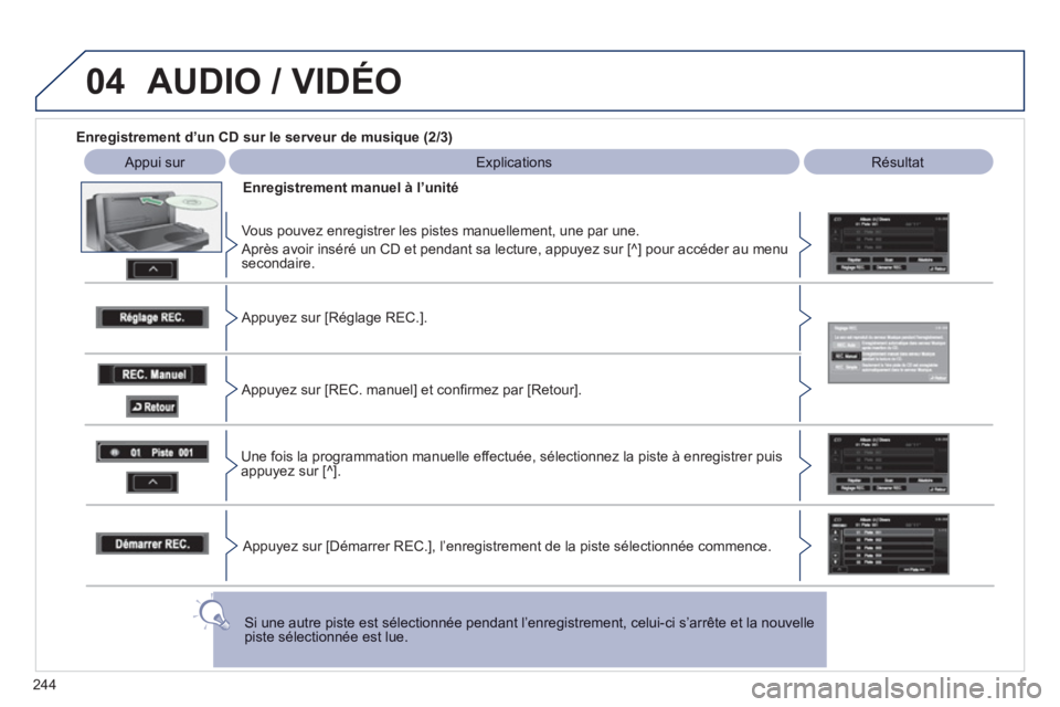 PEUGEOT 4008 2012 Manuel du propriétaire (in French) 244
04AUDIO / VIDÉO
Enregistrement d’un CD sur le serveur de musique (2/3)
Appui sur
Explications
Résultat
Enre
gistrement manuel à l’unité
Vous pouvez enre
gistrer PEUGEOT 4008 2012 Manuel du propriétaire (in French) 244
04AUDIO / VIDÉO
Enregistrement d’un CD sur le serveur de musique (2/3)
Appui sur
Explications
Résultat
Enre
gistrement manuel à l’unité
Vous pouvez enre
gistrer