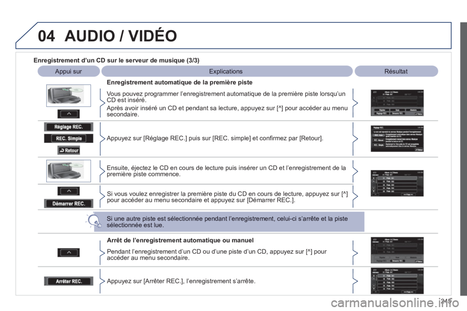 PEUGEOT 4008 2012 Manuel du propriétaire (in French) 245
04AUDIO / VIDÉO
Enregistrement d’un CD sur le serveur de musique (3/3)
Appui sur
Explications
Résultat
Enre
gistrement automatique de la première piste
Vous pouvez PEUGEOT 4008 2012 Manuel du propriétaire (in French) 245
04AUDIO / VIDÉO
Enregistrement d’un CD sur le serveur de musique (3/3)
Appui sur
Explications
Résultat
Enre
gistrement automatique de la première piste
Vous pouvez