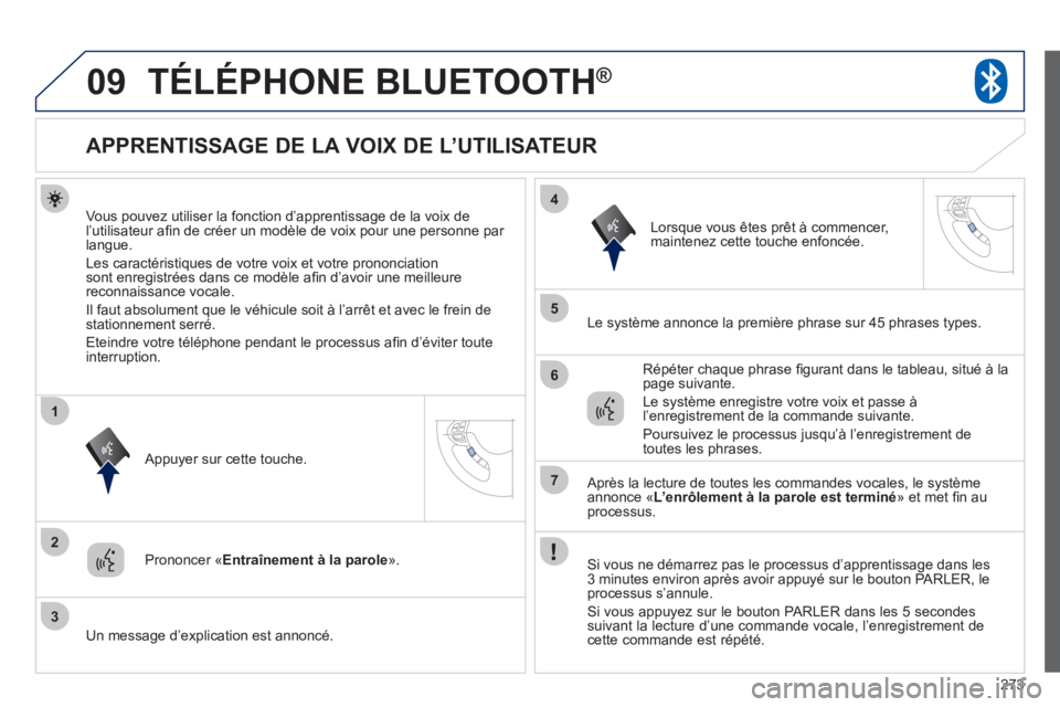 PEUGEOT 4008 2012 Manuel du propriétaire (in French) 273
09
2
3
1
4
5
6
7
TÉLÉPHONE BLUETOOTH®
APPRENTISSAGE DE LA VOIX DE L’UTILISATEUR
Vous pouvez utiliser la fonction d’apprentissage de la voix de l’utilisateur PEUGEOT 4008 2012 Manuel du propriétaire (in French) 273
09
2
3
1
4
5
6
7
TÉLÉPHONE BLUETOOTH®
APPRENTISSAGE DE LA VOIX DE L’UTILISATEUR
Vous pouvez utiliser la fonction d’apprentissage de la voix de l’utilisateur