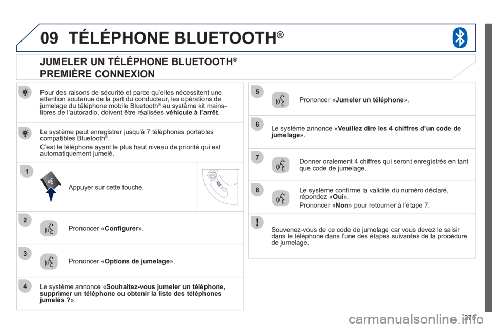 PEUGEOT 4008 2012 Manuel du propriétaire (in French) 275
09
1
3
6
8
2
5
7
4
TÉLÉPHONE BLUETOOTH®
Pour des raisons de sécurité et parce qu’elles nécessitent une attention soutenue de la part du conducteur, les opérations dejumelage du téléphon PEUGEOT 4008 2012 Manuel du propriétaire (in French) 275
09
1
3
6
8
2
5
7
4
TÉLÉPHONE BLUETOOTH®
Pour des raisons de sécurité et parce qu’elles nécessitent une attention soutenue de la part du conducteur, les opérations dejumelage du téléphon