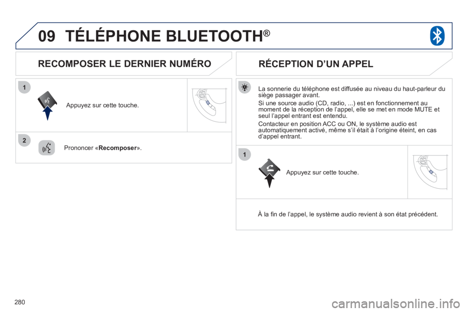 PEUGEOT 4008 2012 Manuel du propriétaire (in French) 280
09
1
2
1
TÉLÉPHONE BLUETOOTH®
La sonnerie du téléphone est diffusée au niveau du haut-parleur dusiège passager avant.
Si une source audio
(CD, radio, ...) est en fonctionnement au mo PEUGEOT 4008 2012 Manuel du propriétaire (in French) 280
09
1
2
1
TÉLÉPHONE BLUETOOTH®
La sonnerie du téléphone est diffusée au niveau du haut-parleur dusiège passager avant.
Si une source audio
(CD, radio, ...) est en fonctionnement au mo