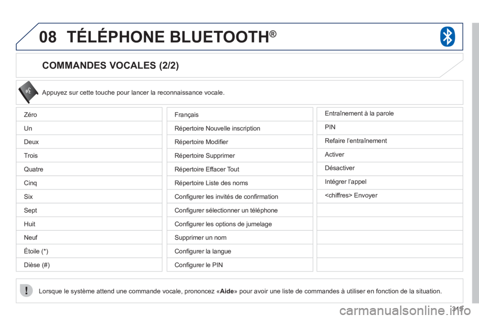 PEUGEOT 4008 2012 Manuel du propriétaire (in French) 319
08TÉLÉPHONE BLUETOOTH®
COMMANDES VOCALES (2/2)
Appuyez sur cette touche pour lancer la reconnaissance vocale.
Lorsque le système attend une commande vocale, prononcez «Aid
e» pour avoi PEUGEOT 4008 2012 Manuel du propriétaire (in French) 319
08TÉLÉPHONE BLUETOOTH®
COMMANDES VOCALES (2/2)
Appuyez sur cette touche pour lancer la reconnaissance vocale.
Lorsque le système attend une commande vocale, prononcez «Aid
e» pour avoi