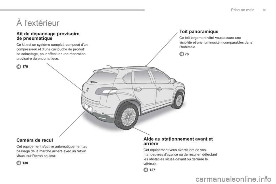 PEUGEOT 4008 2012  Manuel du propriétaire (in French) .
5
Prise en main
   
Kit de dépannage provisoirede pneumatique 
 
Ce kit est un système complet, composé d’uncompresseur et d’une car touche de produit 
de colmatage, pour effectuer une répar