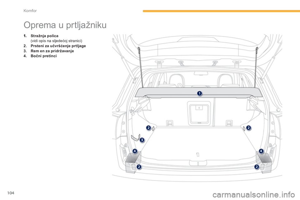 PEUGEOT 4008 2012  Upute Za Rukovanje (in Croatian) 104
Komfor
   
 
 
 
 
 
 
 
 
 
 
 
 
 
Oprema u prtljažniku 
Stražnja polica(vidi opis na sljedećoj stranici) 2.Prsteni za učvršćenje pr tljage
3.Remen za pridržavanje4.Bočni pretinci 