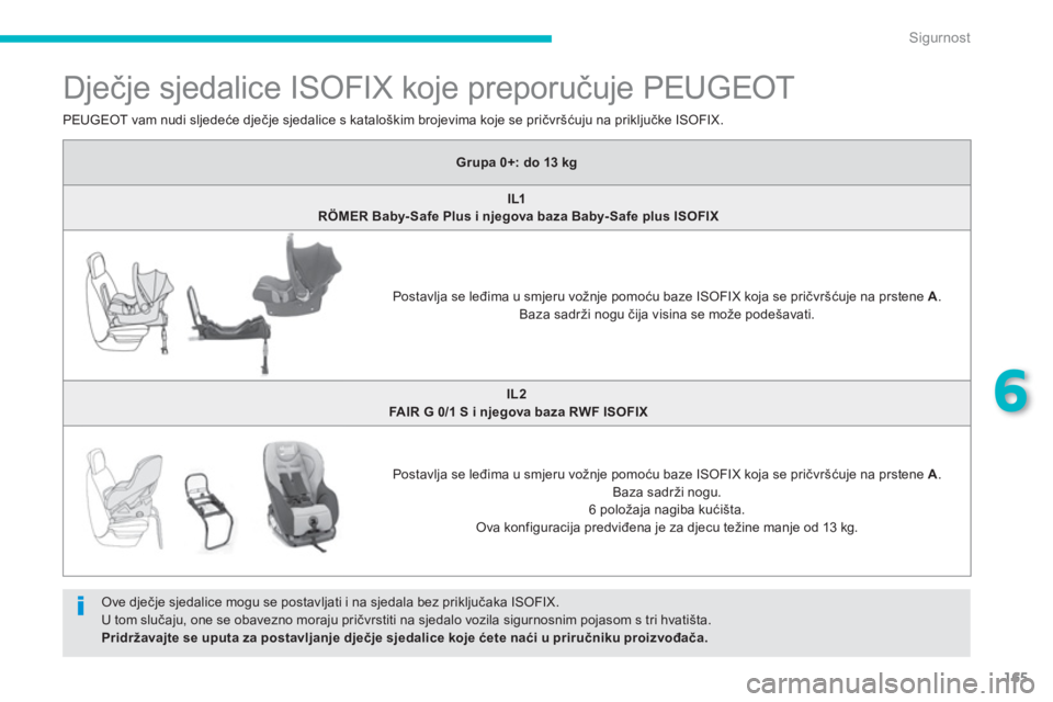 PEUGEOT 4008 2012  Upute Za Rukovanje (in Croatian) 165
6
Sigurnost
   
 
 
 
 
 
 
 
 
 
 
 
 
 
 
 
Dječje sjedalice ISOFIX koje preporučuje PEUGEOT 
 Ove dječje sjedalice mogu se postavljati i na sjedala bez priključaka ISOFIX.  
U tom slučaju,