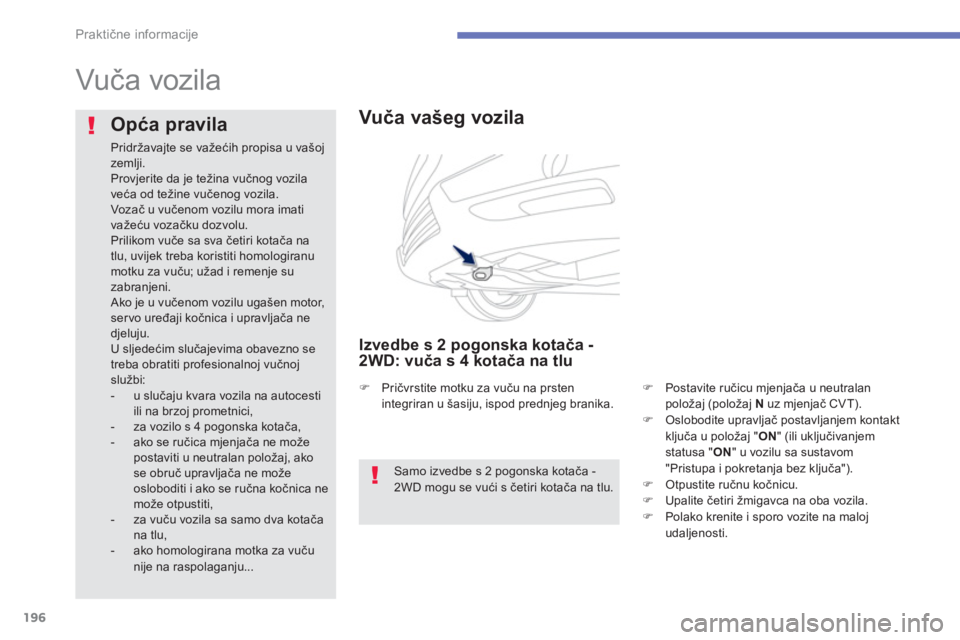 PEUGEOT 4008 2012  Upute Za Rukovanje (in Croatian) 196
Praktične informacije
 
 
 
 
 
 
Vuča vozila  
 
 
 Vuča vašeg vozila
 
 
Izvedbe s 2 pogonska kotača -
2WD: vuča s 4 kotača na tlu
�)Postavite ručicu mjenjača u neutralanpoložaj (polo
