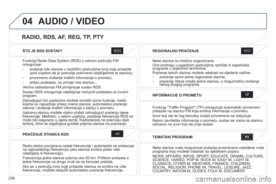 PEUGEOT 4008 2012 Upute Za Rukovanje (in Croatian) 236
04
ŠTO JE RDS SUSTAV?
Funkci
ja Radio Data System (RDS) u valnom području FM
omogućuje:
- slušan
je iste stanice u različitim područjima kroz koja prolazite(pod uvjetom da je područje pokr PEUGEOT 4008 2012 Upute Za Rukovanje (in Croatian) 236
04
ŠTO JE RDS SUSTAV?
Funkci
ja Radio Data System (RDS) u valnom području FM
omogućuje:
- slušan
je iste stanice u različitim područjima kroz koja prolazite(pod uvjetom da je područje pokr