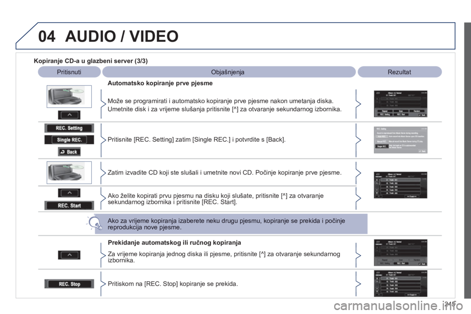 PEUGEOT 4008 2012 Upute Za Rukovanje (in Croatian) 245
04AUDIO / VIDEO
Kopiranje CD-a u glazbeni server (3/3)
Pritisnuti Objašnjenja
Rezultat
Automatsko kopiran
je prve pjesme
Mo
že se programirati i automatsko kopiranje prve pjesme PEUGEOT 4008 2012 Upute Za Rukovanje (in Croatian) 245
04AUDIO / VIDEO
Kopiranje CD-a u glazbeni server (3/3)
Pritisnuti Objašnjenja
Rezultat
Automatsko kopiran
je prve pjesme
Mo
že se programirati i automatsko kopiranje prve pjesme