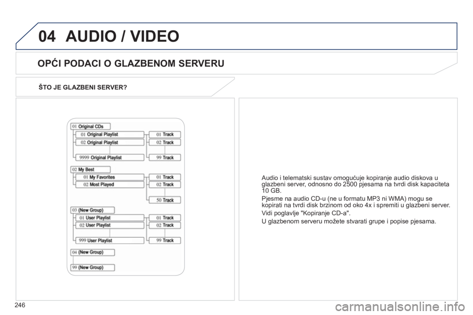 PEUGEOT 4008 2012 Upute Za Rukovanje (in Croatian) 246
04
ŠTO JE GLAZBENI SERVER?
OPĆI PODACI O GLAZBENOM SERVERU
AUDIO / VIDEO
Audio i telematski sustav omogućuje kopiranje audio diskova uglazbeni server, odnosno do 2500 pjesama na tvrd PEUGEOT 4008 2012 Upute Za Rukovanje (in Croatian) 246
04
ŠTO JE GLAZBENI SERVER?
OPĆI PODACI O GLAZBENOM SERVERU
AUDIO / VIDEO
Audio i telematski sustav omogućuje kopiranje audio diskova uglazbeni server, odnosno do 2500 pjesama na tvrd