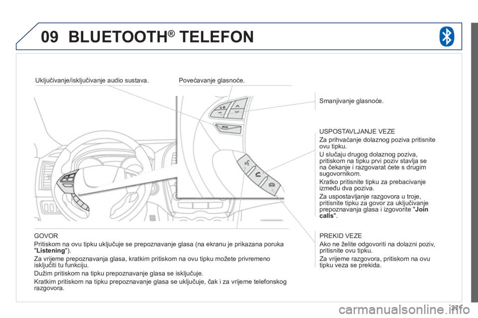 PEUGEOT 4008 2012 Upute Za Rukovanje (in Croatian) 271
09BLUETOOTH ® TELEFON ®
GOVOR
Pritiskom na ovu tipku uključuje se prepoznavanje glasa
(na ekranu je prikazana poruka
" Listening
").
Za vri
jeme prepoznavanja glasa, kratkim pritis PEUGEOT 4008 2012 Upute Za Rukovanje (in Croatian) 271
09BLUETOOTH ® TELEFON ®
GOVOR
Pritiskom na ovu tipku uključuje se prepoznavanje glasa
(na ekranu je prikazana poruka
" Listening
").
Za vri
jeme prepoznavanja glasa, kratkim pritis