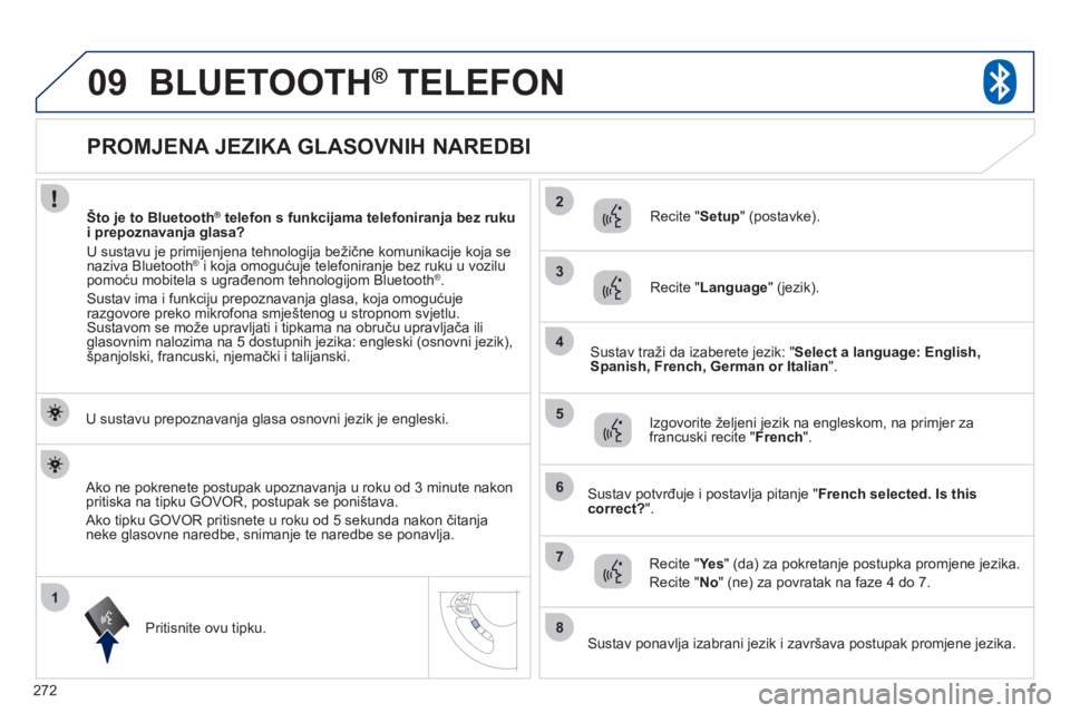 PEUGEOT 4008 2012 Upute Za Rukovanje (in Croatian) 272
1
2
3
09
4
5
6
7
8
PROMJENA JEZIKA GLASOVNIH NAREDBI
BLUETOOTH®
TELEFON®
U sustavu prepoznavanja glasa osnovni jezik je engleski.
Pritisnite ovu ti
pku. PEUGEOT 4008 2012 Upute Za Rukovanje (in Croatian) 272
1
2
3
09
4
5
6
7
8
PROMJENA JEZIKA GLASOVNIH NAREDBI
BLUETOOTH®
TELEFON®
U sustavu prepoznavanja glasa osnovni jezik je engleski.
Pritisnite ovu ti
pku.