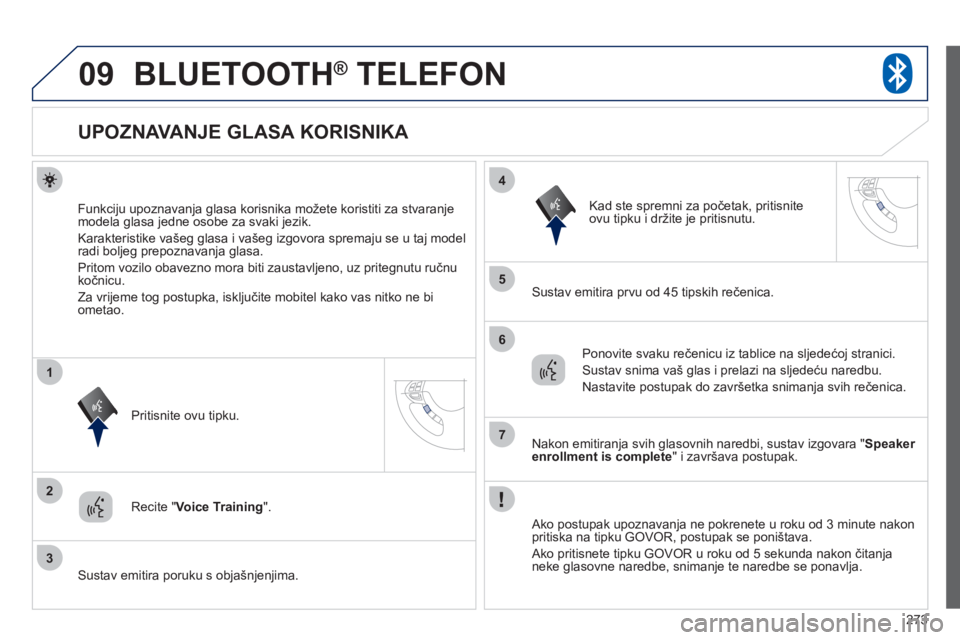 PEUGEOT 4008 2012 Upute Za Rukovanje (in Croatian) 273
09
2
3
1
4
5
6
7
BLUETOOTH® TELEFON®
UPOZNAVANJE GLASA KORISNIKA
Funkciju upoznavanja glasa korisnika možete koristiti za stvaranje
modela glasa jedne osobe za PEUGEOT 4008 2012 Upute Za Rukovanje (in Croatian) 273
09
2
3
1
4
5
6
7
BLUETOOTH® TELEFON®
UPOZNAVANJE GLASA KORISNIKA
Funkciju upoznavanja glasa korisnika možete koristiti za stvaranje
modela glasa jedne osobe za
