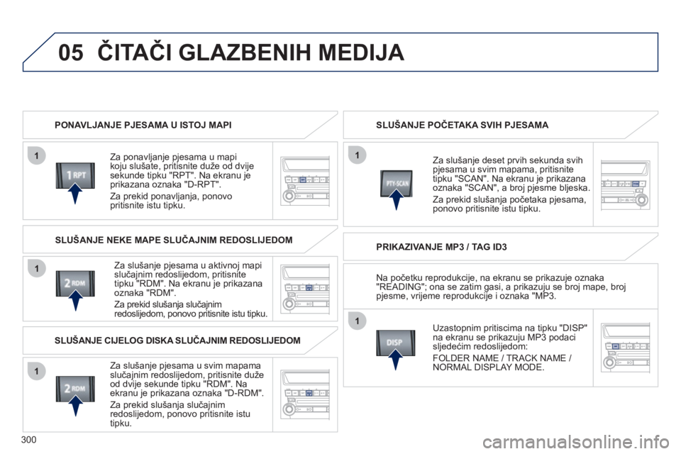 PEUGEOT 4008 2012 Upute Za Rukovanje (in Croatian) 300
05
1
1
1
1
1
ČITAČI GLAZBENIH MEDIJA
PONAVLJANJE PJESAMA U ISTOJ MAPI
Za ponavl
janje pjesama u mapi
koju slušate, pritisnite duže od dvijesekunde tipku "RPT". Na ekranu jeprikazana ozna PEUGEOT 4008 2012 Upute Za Rukovanje (in Croatian) 300
05
1
1
1
1
1
ČITAČI GLAZBENIH MEDIJA
PONAVLJANJE PJESAMA U ISTOJ MAPI
Za ponavl
janje pjesama u mapi
koju slušate, pritisnite duže od dvijesekunde tipku "RPT". Na ekranu jeprikazana ozna