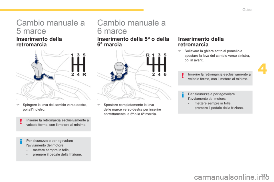 PEUGEOT 4008 2012  Manuale duso (in Italian) 111
4
Guida
   
 
 
 
 
 
Cambio manuale a 
5 marce 
�)Spingere la leva del cambio verso destra,poi allindietro.  
 
 Inserimento della
retromarcia
 
 
 
 
 
 
 
 
 
Cambio manuale a 
6 marce 
�)    