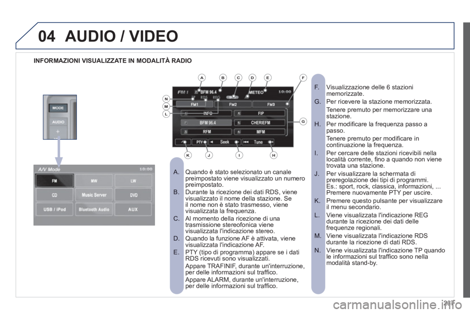 PEUGEOT 4008 2012 Manuale duso (in Italian) 237
04AUDIO / VIDEO
INFORMAZIONI VISUALIZZATE IN MODALITÀ RADIO
Quando è stato selezionato un canale
A. preimpostato viene visualizzato un numero preimpostato. Durante la ricezione dei da PEUGEOT 4008 2012 Manuale duso (in Italian) 237
04AUDIO / VIDEO
INFORMAZIONI VISUALIZZATE IN MODALITÀ RADIO
Quando è stato selezionato un canale
A. preimpostato viene visualizzato un numero preimpostato. Durante la ricezione dei da