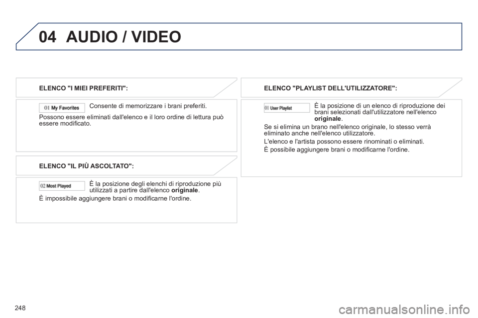 PEUGEOT 4008 2012 Manuale duso (in Italian) 248
04AUDIO / VIDEO
ELENCO "I MIEI PREFERITI":
Consente di memorizzare i brani preferiti.
Possono essere eliminati dallelenco e il loro ordine di lettura
puòessere modifi cato.
ELENCO "IL PEUGEOT 4008 2012 Manuale duso (in Italian) 248
04AUDIO / VIDEO
ELENCO "I MIEI PREFERITI":
Consente di memorizzare i brani preferiti.
Possono essere eliminati dallelenco e il loro ordine di lettura
puòessere modifi cato.
ELENCO "IL