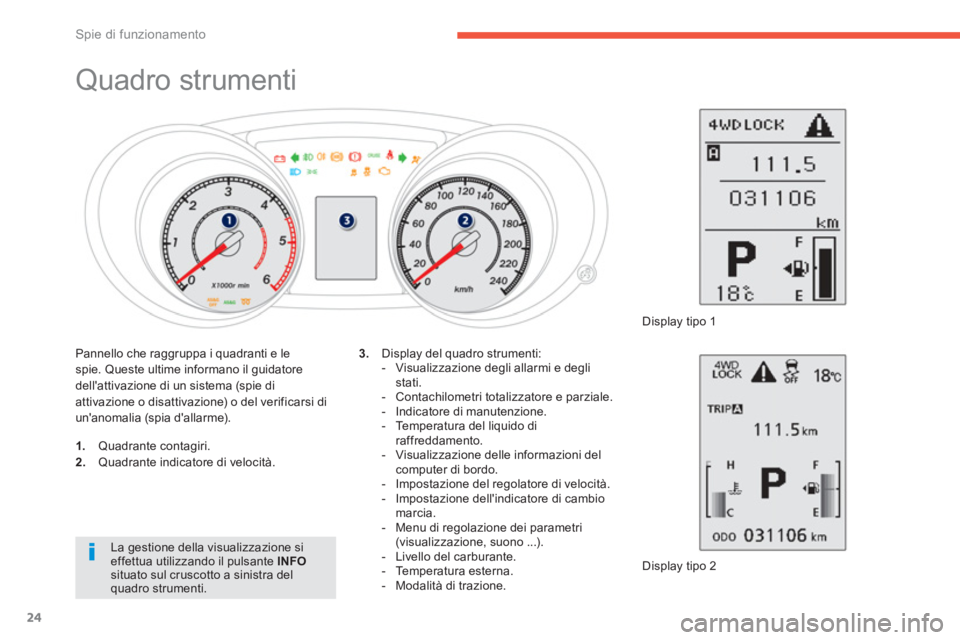 PEUGEOT 4008 2012 Manuale duso (in Italian) 24
Spie di funzionamento
Quadro strumenti
1.
Quadrante contagiri. 2.
Quadrante indicatore di velocità.
Displa
y tipo 2
3.
Display del quadro strumenti: PEUGEOT 4008 2012 Manuale duso (in Italian) 24
Spie di funzionamento
Quadro strumenti
1.
Quadrante contagiri. 2.
Quadrante indicatore di velocità.
Displa
y tipo 2
3.
Display del quadro strumenti: