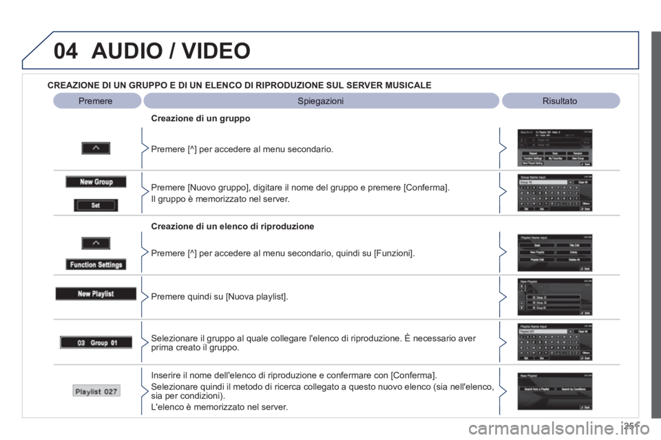 PEUGEOT 4008 2012  Manuale duso (in Italian) 251
04AUDIO / VIDEO
CREAZIONE DI UN GRUPPO E DI UN ELENCO DI RIPRODUZIONE SUL SERVER MUSICALE
   
Spiegazioni 
 Risultato 
 
   
Premere [
^] per accedere al menu secondario.      
Creazione di un 
gr