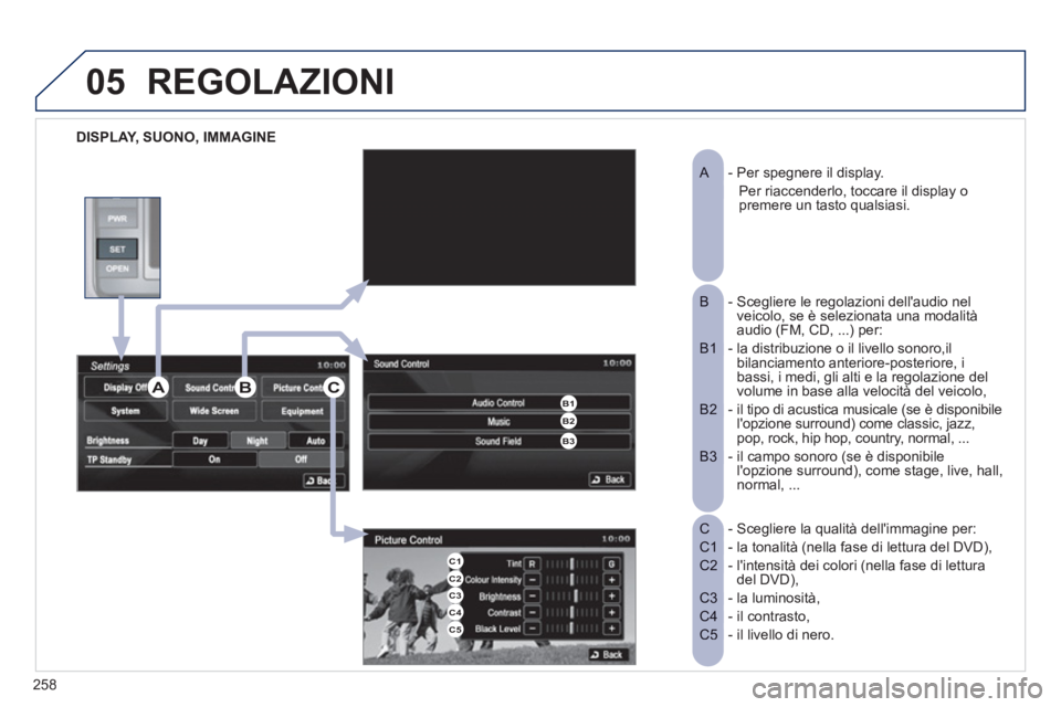 PEUGEOT 4008 2012  Manuale duso (in Italian) 258
05
DISPLAY, SUONO, IMMAGINE  
REGOLAZIONI
-  Per spegnere il display. 
 
A  
  Per riaccenderlo, toccare il display o  premere un tasto qualsiasi. 
-  Scegliere le regolazioni dellaudio nel  
 
 