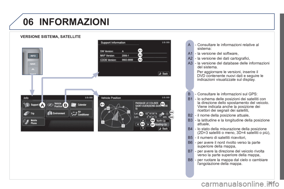 PEUGEOT 4008 2012  Manuale duso (in Italian) 261
06INFORMAZIONI
VERSIONE SISTEMA, SATELLITE
-  Consultare le informazioni relative al   
A sistema: 
- la versione del software,   A1 
- la versione dei dati cartograﬁ ci,  A2  
-  la versione de