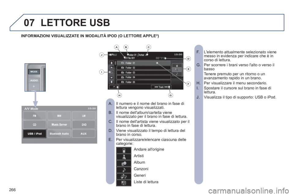 PEUGEOT 4008 2012  Manuale duso (in Italian) 266
07LETTORE USB 
Il numero e il nome del brano in fase di    
 
 
A.  lettura vengono visualizzati.
Il nome dellalbum/cartella viene B.  visualizzato per il brano in fase di lettura.
Il nome della
