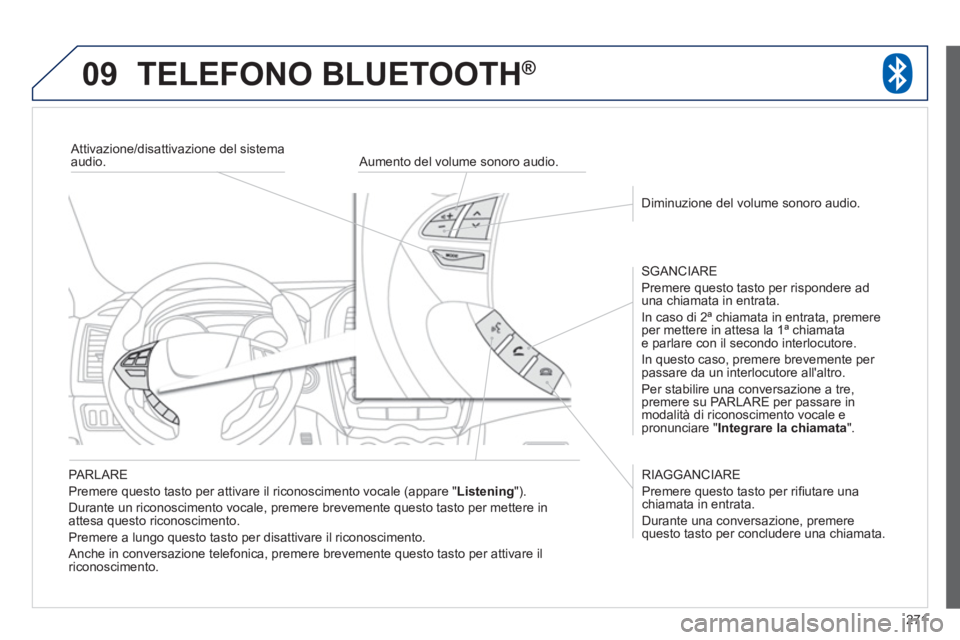 PEUGEOT 4008 2012  Manuale duso (in Italian) 271
09TELEFONO BLUETOOTH ®
   PARLARE
 
Premere questo tasto per attivare il riconoscimento vocale (appare " Listening 
"). 
  Durante un riconoscimento vocale, premere brevemente questo tasto per me