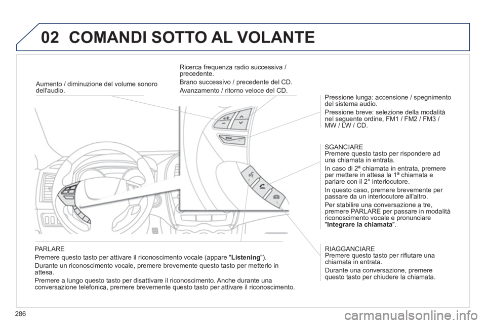 PEUGEOT 4008 2012 Manuale duso (in Italian) 286
02 COMANDI SOTTO AL VOLANTE
PARLARE
Premere questo tasto per attivare il riconoscimento vocale (appare " Listening
").
Durante un riconoscimento vocale, premere brevemente questo tasto pe PEUGEOT 4008 2012 Manuale duso (in Italian) 286
02 COMANDI SOTTO AL VOLANTE
PARLARE
Premere questo tasto per attivare il riconoscimento vocale (appare " Listening
").
Durante un riconoscimento vocale, premere brevemente questo tasto pe