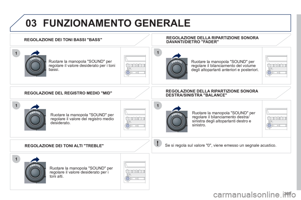 PEUGEOT 4008 2012 Manuale duso (in Italian) 289
1
03
1
1
1
1
REGOLAZIONE DEI TONI BASSI "BASS"
Ruotare la manopola "S
OUND" per regolare il valore desiderato per i toni bassi.
FUNZIONAMENTO GENERALE
Ruotare la manopola "SOUND" per regol PEUGEOT 4008 2012 Manuale duso (in Italian) 289
1
03
1
1
1
1
REGOLAZIONE DEI TONI BASSI "BASS"
Ruotare la manopola "S
OUND" per regolare il valore desiderato per i toni bassi.
FUNZIONAMENTO GENERALE
Ruotare la manopola "SOUND" per regol