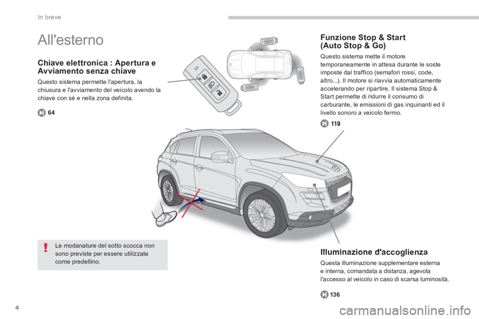 PEUGEOT 4008 2012  Manuale duso (in Italian) 4
In breve
Chiave elettronica : Apertura eAvviamento senza chiave
Questo sistema permette lapertura, lachiusura e lavviamento del veicolo avendo lachiave con sé e nella zona definita. 
6
4
   
Illu