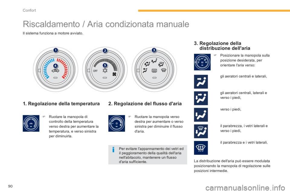 PEUGEOT 4008 2012  Manuale duso (in Italian) 90
Confort
  Riscaldamento / Aria condizionata manuale 
Il sistema funziona a motore avviato.
1. Regolazione della temperatura
�) 
  Ruotare la manopola di controllo della temperatura 
verso destra pe