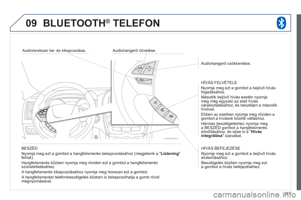 PEUGEOT 4008 2012 Kezelési útmutató (in Hungarian) 271
09BLUETOOTH ® TELEFON ®
BESZÉD
Nyomja meg ezt a gombot a hang
felismerés bekapcsolásához (megjelenik a "Listening"felirat).
Han
gfelismerés közben nyomja meg röviden ezt a gom PEUGEOT 4008 2012 Kezelési útmutató (in Hungarian) 271
09BLUETOOTH ® TELEFON ®
BESZÉD
Nyomja meg ezt a gombot a hang
felismerés bekapcsolásához (megjelenik a "Listening"felirat).
Han
gfelismerés közben nyomja meg röviden ezt a gom