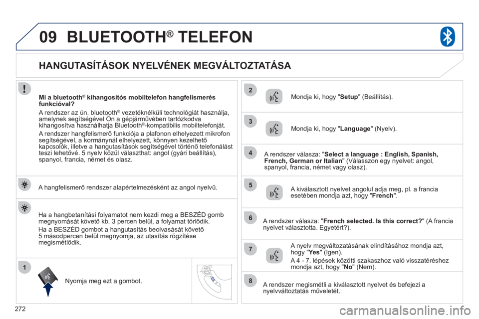 PEUGEOT 4008 2012  Kezelési útmutató (in Hungarian) 272
1
2
3
09
4
5
6
7
8
   
 
 
 
 
 
 
 
 
 
 
 
 
 
HANGUTASÍTÁSOK NYELVÉNEK MEGVÁLTOZTATÁSA 
BLUETOOTH® 
 TELEFON®
 
 
A hangfelismerő rendszer alapértelmezésként az angol nyelvű.  
N
yo