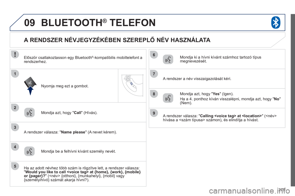 PEUGEOT 4008 2012  Kezelési útmutató (in Hungarian) 279
09
2
3
1
4
6
5
7
8
9
BLUETOOTH®   TELEFON®
Mondja azt, hogy " Call 
" (Hívás).  
   
A r
endszer válasza: " Name please 
" (A nevet kérem).
 
 
 
 
 
 
 
 
 
 
 
 
 
 
 
 
A RENDSZER NÉVJEG