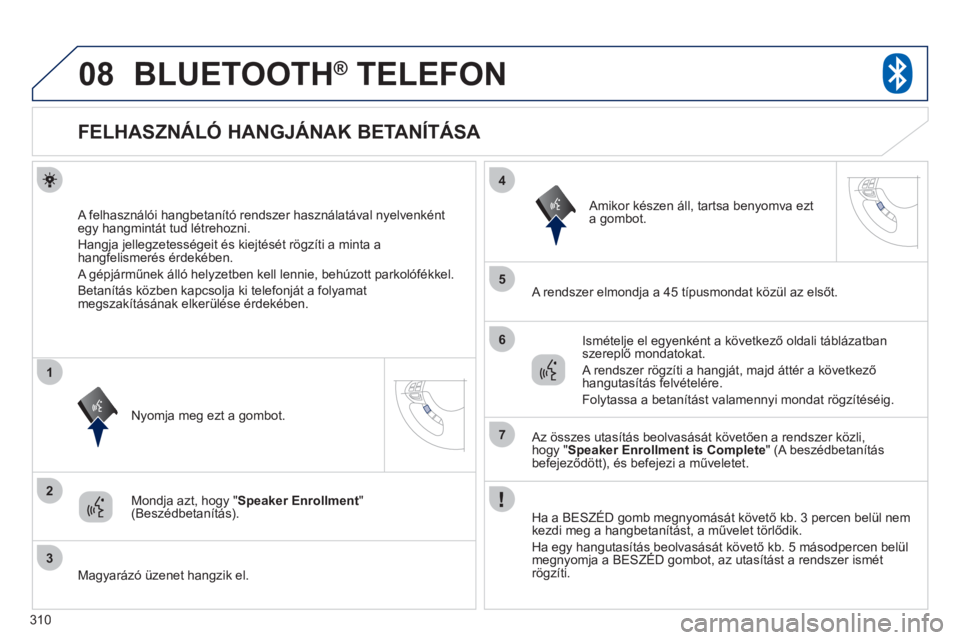 PEUGEOT 4008 2012 Kezelési útmutató (in Hungarian) 310
08
2
3
1
4
5
6
7
BLUETOOTH® TELEFON®
FELHASZNÁLÓ HANGJÁNAK BETANÍTÁSA
A felhasználói hangbetanító rendszer használatával nyelvenkéntegy h PEUGEOT 4008 2012 Kezelési útmutató (in Hungarian) 310
08
2
3
1
4
5
6
7
BLUETOOTH® TELEFON®
FELHASZNÁLÓ HANGJÁNAK BETANÍTÁSA
A felhasználói hangbetanító rendszer használatával nyelvenkéntegy h
