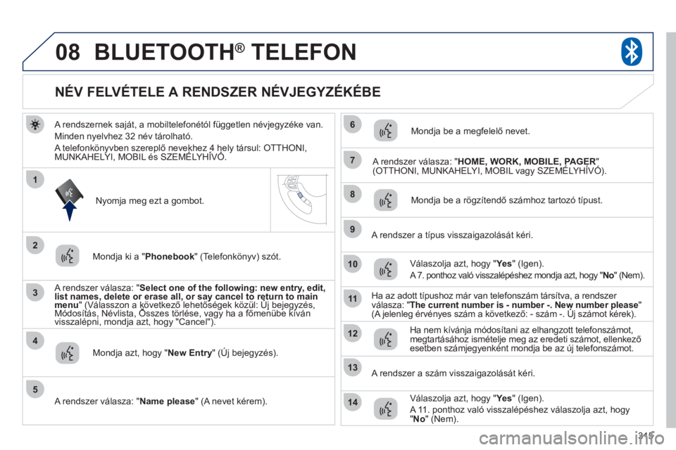 PEUGEOT 4008 2012 Kezelési útmutató (in Hungarian) 315
08
3
4
7
8
9
10
11
1
2
5
6
12
14
13
BLUETOOTH® TELEFON®
A rendszernek saját, a mobiltelefonétól független névjegyzéke van.
Minden n
yelvhez 32 név tárolható.
A telefonkönyvben s PEUGEOT 4008 2012 Kezelési útmutató (in Hungarian) 315
08
3
4
7
8
9
10
11
1
2
5
6
12
14
13
BLUETOOTH® TELEFON®
A rendszernek saját, a mobiltelefonétól független névjegyzéke van.
Minden n
yelvhez 32 név tárolható.
A telefonkönyvben s