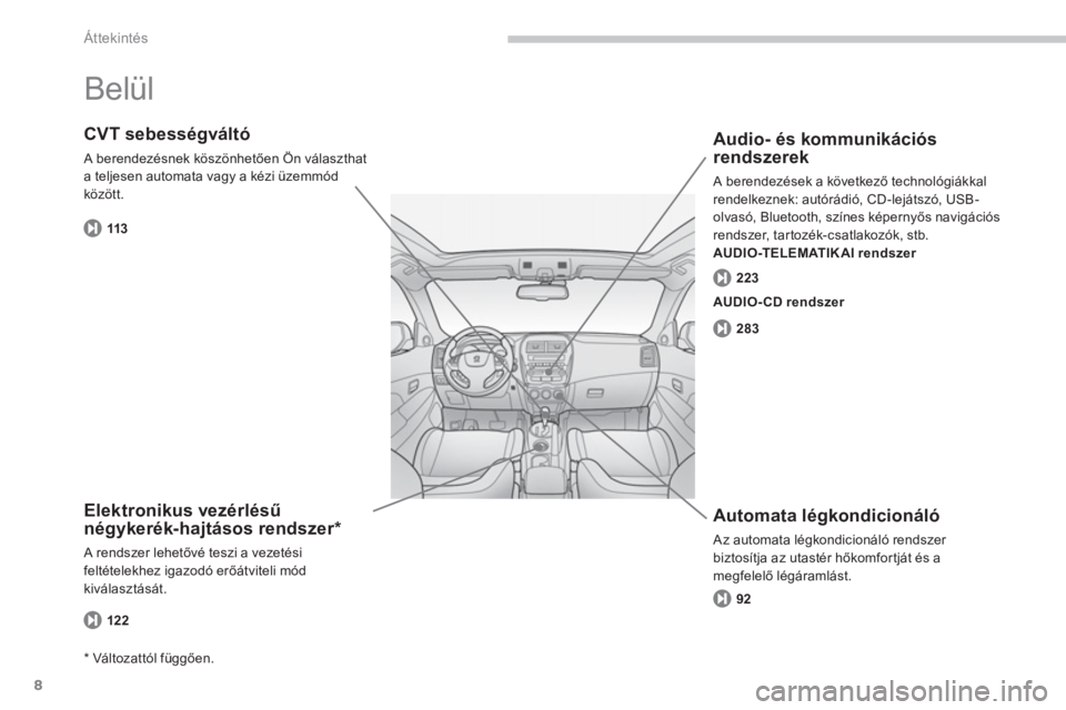 PEUGEOT 4008 2012  Kezelési útmutató (in Hungarian) 8
Áttekintés
  Belül  
Elektronikus vezérlésű
négykerék-hajtásos rendszer *  
 A rendszer lehetőv