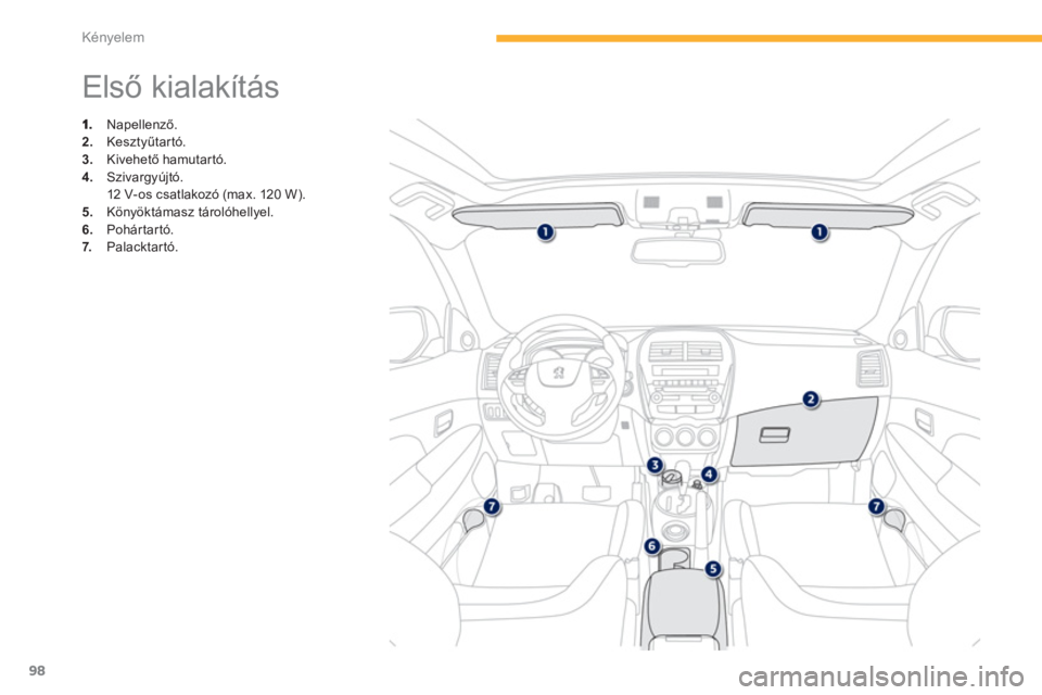 PEUGEOT 4008 2012  Kezelési útmutató (in Hungarian) 98
Kényelem
   
 
 
 
 
 
 
 
 
 
 
 
 
 
 
 
 
 
 
 
 
 
 
Első kialakítás 
 
 Napellenző.2. 
 Kesztyűtartó. 3. 
 Kivehető hamutart