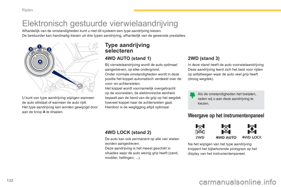 PEUGEOT 4008 2012 Instructieboekje (in Dutch) 122
Rijden
Elektronisch gestuurde vierwielaandrijving
Afhankelijk van de omstandigheden kunt u met dit systeem een type aandrijving kiezen.
De bestuurder kan handmatig kiezen uit drie ty PEUGEOT 4008 2012 Instructieboekje (in Dutch) 122
Rijden
Elektronisch gestuurde vierwielaandrijving
Afhankelijk van de omstandigheden kunt u met dit systeem een type aandrijving kiezen.
De bestuurder kan handmatig kiezen uit drie ty