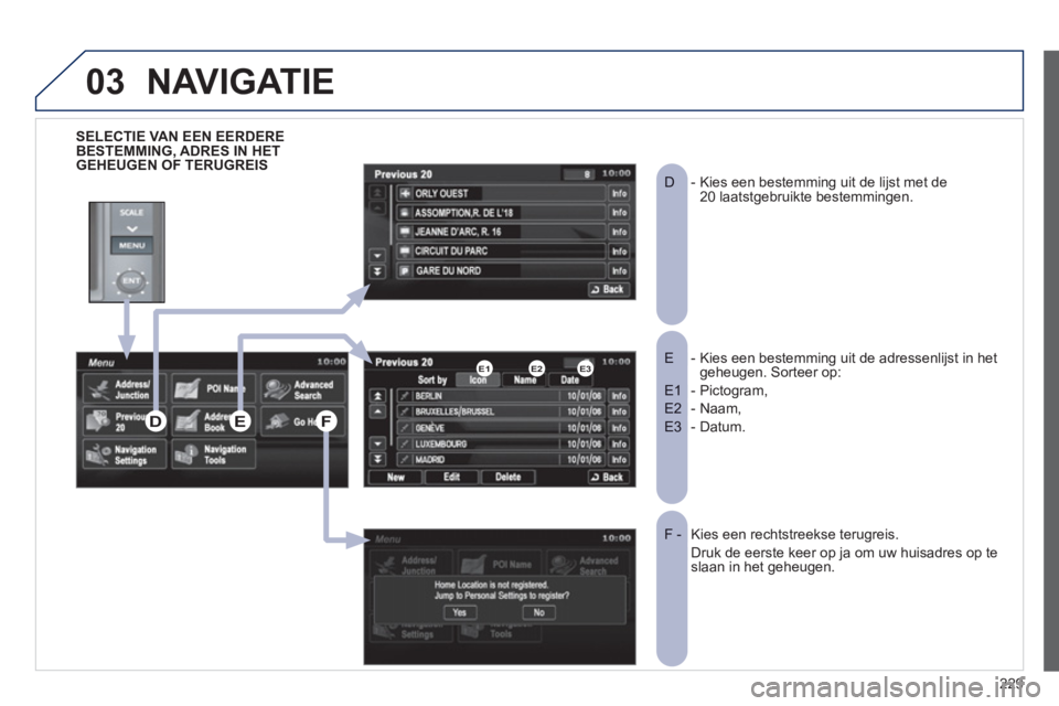 PEUGEOT 4008 2012 Instructieboekje (in Dutch) 229
03
SELECTIE VAN EEN EERDERE BESTEMMING, ADRES IN HET GEHEUGEN OF TERUGREIS
- Kies een bestemming uit de adressenlijst in het E geheugen. Sorteer op:
- Pictogram, E1
- Naam, E2
- Datum.E3
PEUGEOT 4008 2012 Instructieboekje (in Dutch) 229
03
SELECTIE VAN EEN EERDERE BESTEMMING, ADRES IN HET GEHEUGEN OF TERUGREIS
- Kies een bestemming uit de adressenlijst in het E geheugen. Sorteer op:
- Pictogram, E1
- Naam, E2
- Datum.E3