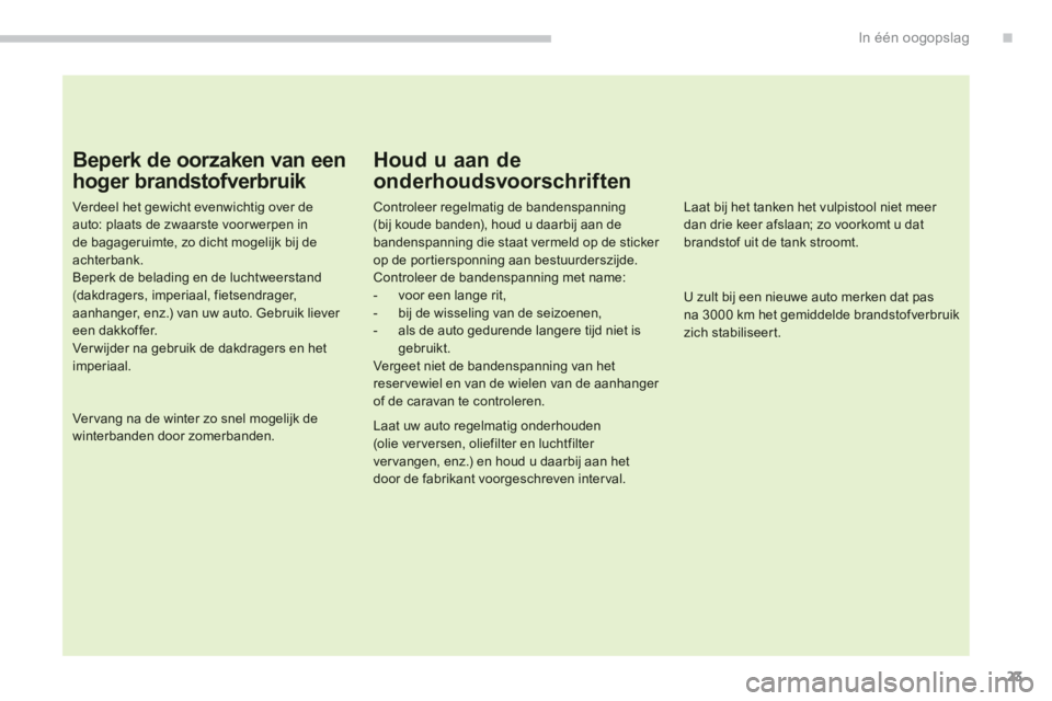 PEUGEOT 4008 2012 Instructieboekje (in Dutch) .
23
In één oogopslag
Beperk de oorzaken van een
hoger brandstofverbruik
Verdeel het gewicht evenwichtig over de auto: plaats de zwaarste voor werpen inde bagageruimte, zo dicht mogelijk bij de ac PEUGEOT 4008 2012 Instructieboekje (in Dutch) .
23
In één oogopslag
Beperk de oorzaken van een
hoger brandstofverbruik
Verdeel het gewicht evenwichtig over de auto: plaats de zwaarste voor werpen inde bagageruimte, zo dicht mogelijk bij de ac