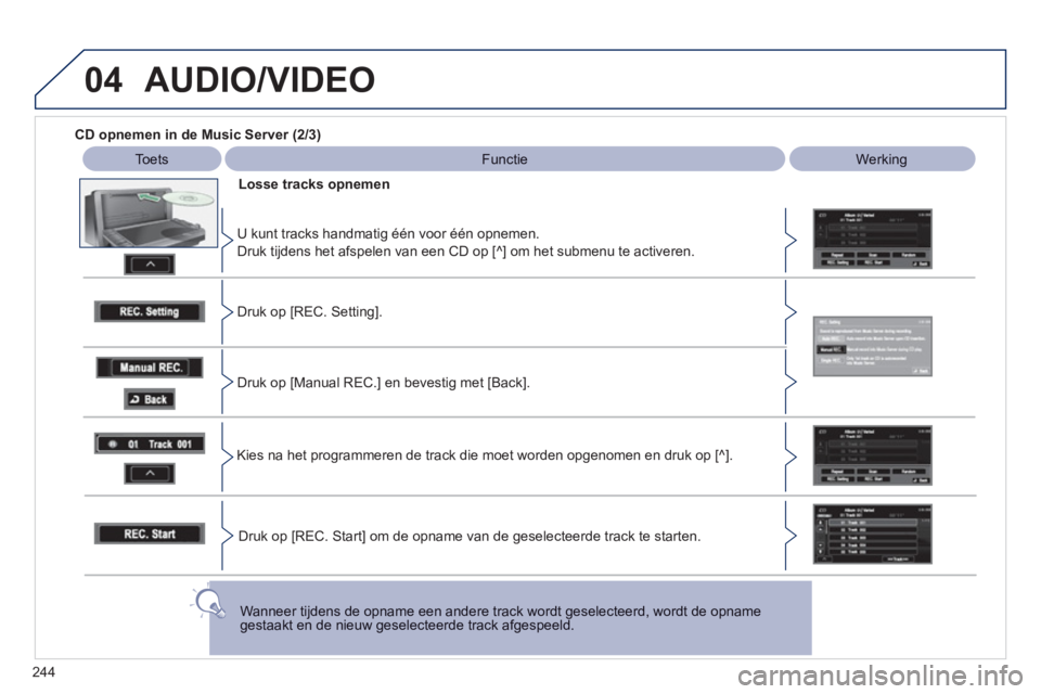 PEUGEOT 4008 2012 Instructieboekje (in Dutch) 244
04 AUDIO/VIDEO
CD opnemen in de Music Server (2/3)
Toets
FunctieWerking
Losse tracks o
pnemen
U kunt tracks handmati
g één voor één opnemen.
Druk ti
jdens het afspelen va PEUGEOT 4008 2012 Instructieboekje (in Dutch) 244
04 AUDIO/VIDEO
CD opnemen in de Music Server (2/3)
Toets
FunctieWerking
Losse tracks o
pnemen
U kunt tracks handmati
g één voor één opnemen.
Druk ti
jdens het afspelen va