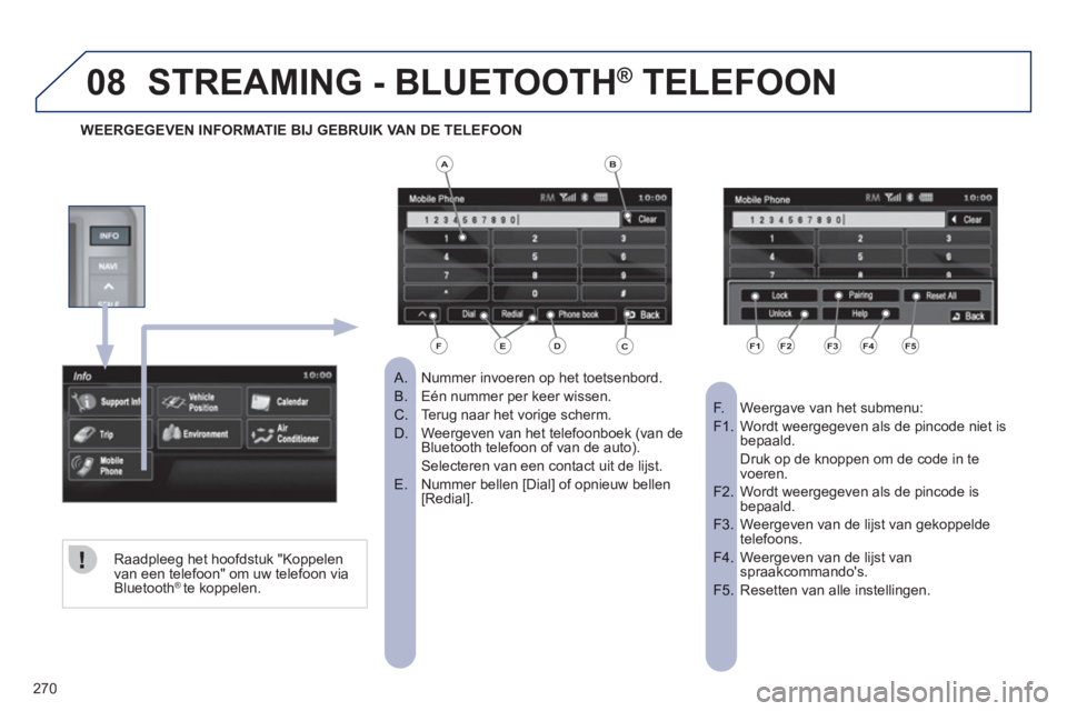 PEUGEOT 4008 2012 Instructieboekje (in Dutch) 270
08STREAMING - BLUETOOTH® TELEFOON®
Nummer invoeren op het toetsenbord.
A.
Eén nummer per keer wissen. B.
Terug naar het vorige scherm. C.
Weergeven van het telefoonboek (van deD. PEUGEOT 4008 2012 Instructieboekje (in Dutch) 270
08STREAMING - BLUETOOTH® TELEFOON®
Nummer invoeren op het toetsenbord.
A.
Eén nummer per keer wissen. B.
Terug naar het vorige scherm. C.
Weergeven van het telefoonboek (van deD.