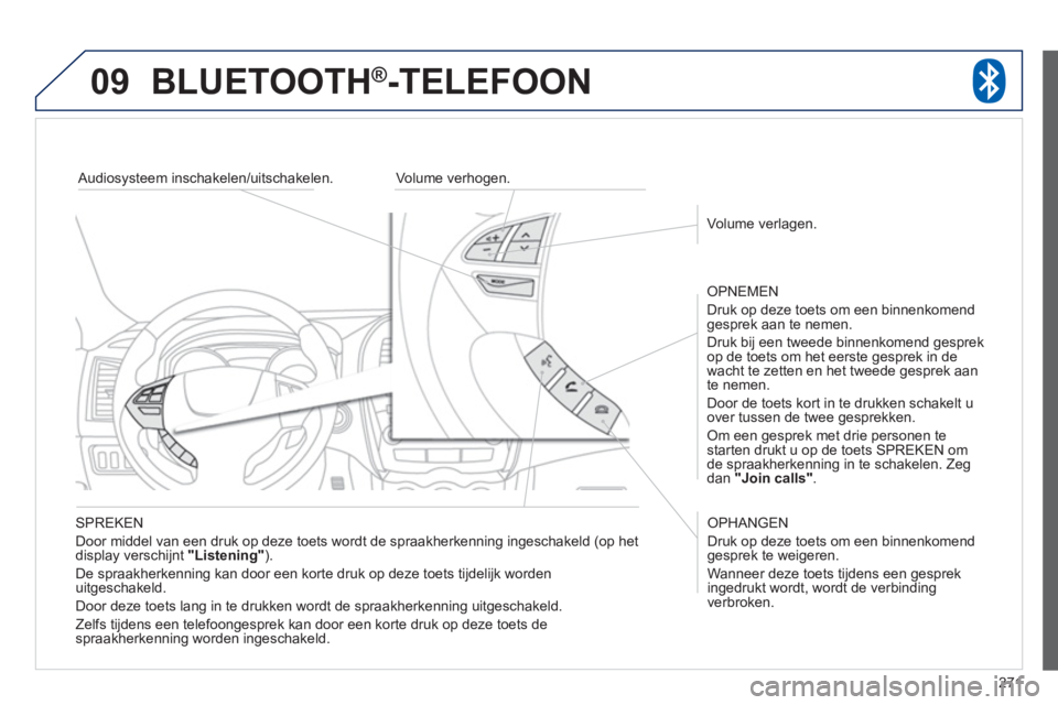 PEUGEOT 4008 2012 Instructieboekje (in Dutch) 271
09BLUETOOTH®-TELEFOON
SPREKEN
Door middel van een druk op deze toets wordt de spraakherkenning ingeschakeld
(op het
display verschijnt "Listening" ).
De spraakherkennin
g kan door ee PEUGEOT 4008 2012 Instructieboekje (in Dutch) 271
09BLUETOOTH®-TELEFOON
SPREKEN
Door middel van een druk op deze toets wordt de spraakherkenning ingeschakeld
(op het
display verschijnt "Listening" ).
De spraakherkennin
g kan door ee
