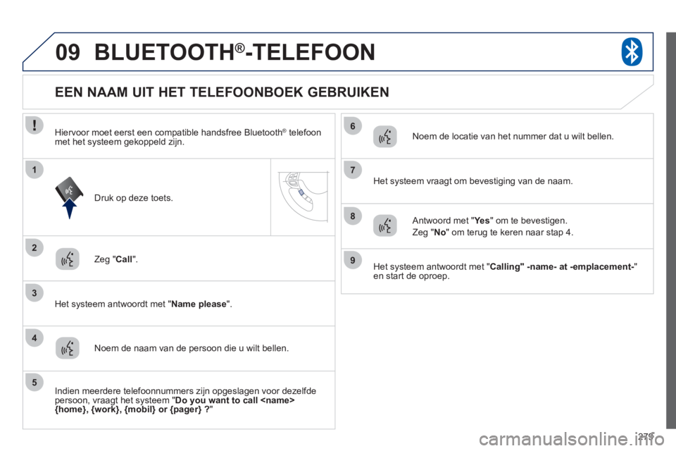 PEUGEOT 4008 2012 Instructieboekje (in Dutch) 279
09
2
3
1
4
6
5
7
8
9
BLUETOOTH®-TELEFOON
Zeg "Call
".
Het s
ysteem antwoordt met " Name please
".
EEN NAAM UIT HET TELEFOONBOEK GEBRUIKEN
Noem de naam PEUGEOT 4008 2012 Instructieboekje (in Dutch) 279
09
2
3
1
4
6
5
7
8
9
BLUETOOTH®-TELEFOON
Zeg "Call
".
Het s
ysteem antwoordt met " Name please
".
EEN NAAM UIT HET TELEFOONBOEK GEBRUIKEN
Noem de naam