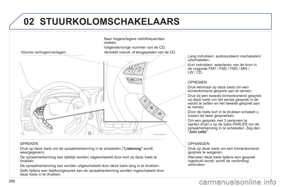 PEUGEOT 4008 2012 Instructieboekje (in Dutch) 286
02 STUURKOLOMSCHAKELAARS
SPREKEN
Druk op deze toets om de spraakherkennin
g in te schakelen ("Listening" wordt
weergegeven).
De spraakherkennin
g kan tijdelijk worden uitgeschakeld doo PEUGEOT 4008 2012 Instructieboekje (in Dutch) 286
02 STUURKOLOMSCHAKELAARS
SPREKEN
Druk op deze toets om de spraakherkennin
g in te schakelen ("Listening" wordt
weergegeven).
De spraakherkennin
g kan tijdelijk worden uitgeschakeld doo