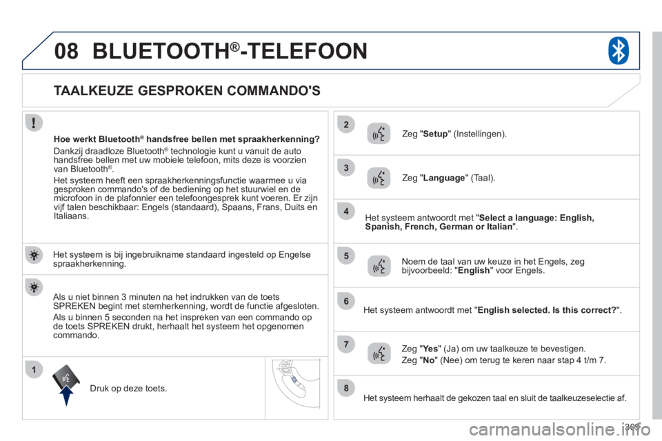PEUGEOT 4008 2012 Instructieboekje (in Dutch) 309
1
2
3
08
4
5
6
7
8
TAALKEUZE GESPROKEN COMMANDOS
BLUETOOTH®-TELEFOON
Het systeem is bij ingebruikname standaard ingesteld op Engelsespraakherkenning. PEUGEOT 4008 2012 Instructieboekje (in Dutch) 309
1
2
3
08
4
5
6
7
8
TAALKEUZE GESPROKEN COMMANDOS
BLUETOOTH®-TELEFOON
Het systeem is bij ingebruikname standaard ingesteld op Engelsespraakherkenning.